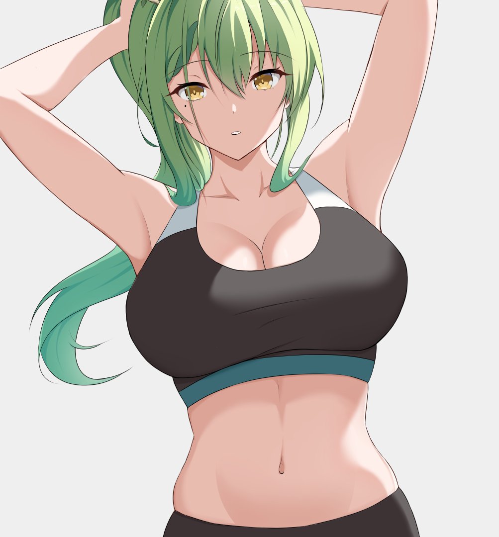 breasts ceres_fauna cleavage collarbone green_hair holocouncil hololive hololive_english large_breasts looking_at_viewer navel opera ponytail sports_bra stomach yellow_eyes zeropen