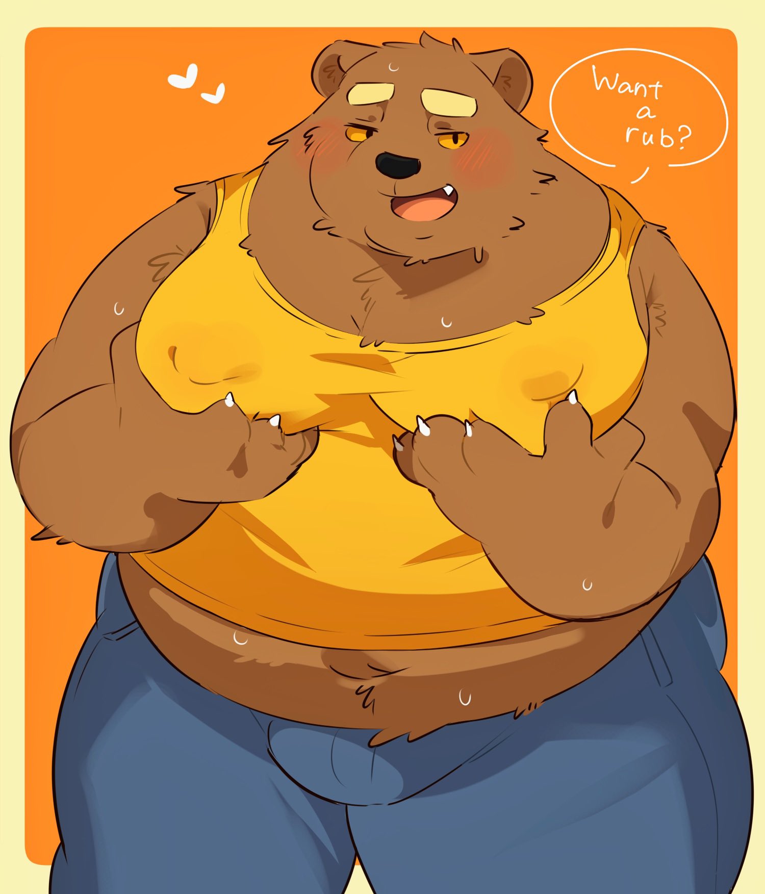 0119_muu 2023 anthro bear belly big_belly black_nose bodily_fluids bottomwear bulge clothing dialogue english_text hi_res kemono male mammal moobs overweight overweight_male pants shirt solo sweat text topwear