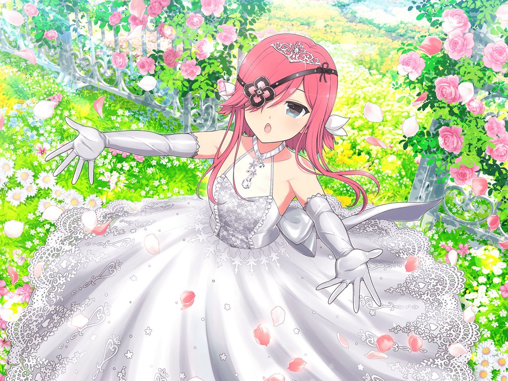 1girl bare_shoulders blue_eyes blush bow breasts bride daisy dress elbow_gloves eyepatch falling_petals fence field flat_chest flower flower_field frilled_dress frills garden gloves grass hair_over_one_eye jewelry kazakiri_(senran_kagura) lace lace-trimmed_dress lace_trim leaf looking_at_viewer official_alternate_costume official_art one_eye_covered open_mouth petals pink_flower pink_hair pink_rose pond reaching reaching_towards_viewer rose senran_kagura senran_kagura_new_link short_hair short_twintails solo tiara tongue twintails wedding_dress white_bow white_dress white_flower white_gloves yaegashi_nan