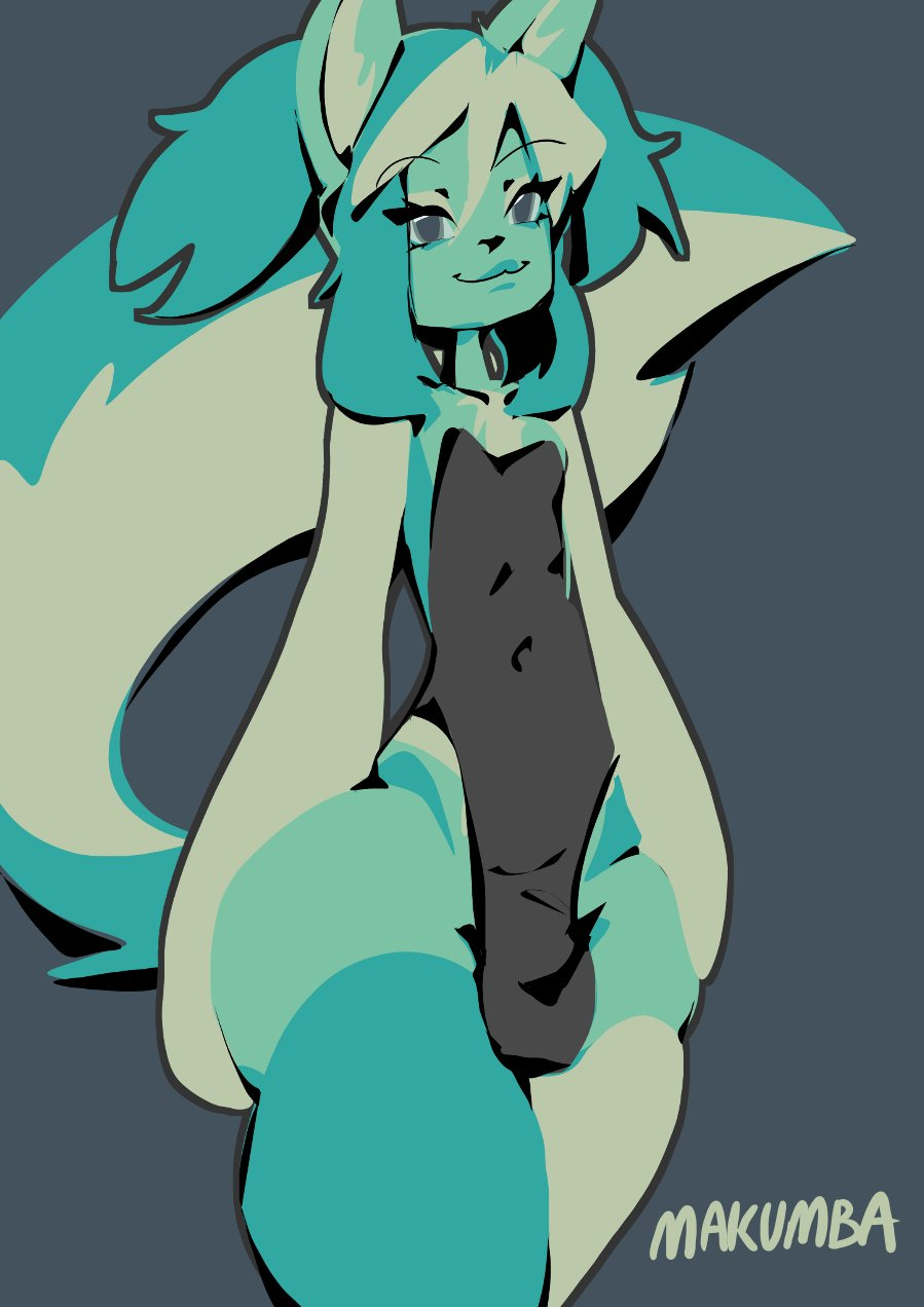 ambiguous_gender anthro blue_body blue_fur canid canine clothed clothing digital_media_(artwork) fox fur girly grey_eyes hi_res looking_at_viewer makumba male mammal one_piece_suit simple_background slim smile smiling_at_viewer solo solo_focus standing wide_hips