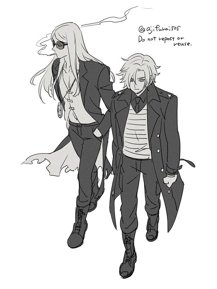 2boys asaya_minoru bangs boots character_request cigarette closed_mouth coat collared_shirt cross-laced_footwear dress_shirt english_text fate/grand_order fate_(series) greyscale hand_in_pocket jacket lace-up_boots long_hair long_sleeves male_focus monochrome mouth_hold multiple_boys open_clothes open_coat open_jacket pants parted_bangs shirt simple_background smoke smoking sunglasses tezcatlipoca_(fate) torn_jacket twitter_username white_background