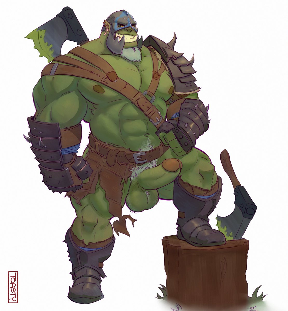 abs anthro armor axe balls barazoku beard biceps big_biceps big_muscles big_pecs big_penis blood blood_on_weapon bodily_fluids body_hair boots bottomwear bottomwear_aside clothing clothing_aside ear_piercing erection facial_hair fist footwear gauntlets genitals gloves grass green_blood green_body green_penis grin hairy_balls handwear headgear helmet hi_res humanoid humanoid_pointy_ears loincloth loincloth_aside looking_at_viewer male manly muscular muscular_anthro muscular_male navel nipples orc pecs penis piercing plant pubes raised_foot sharp_teeth shoulder_pads simple_background smile solo spiked_armor spikes standing teeth toastyfuzzbuns torn_clothing tree_stump tusks unconvincing_armor warrior weapon weapon_on_back white_background yellow_eyes