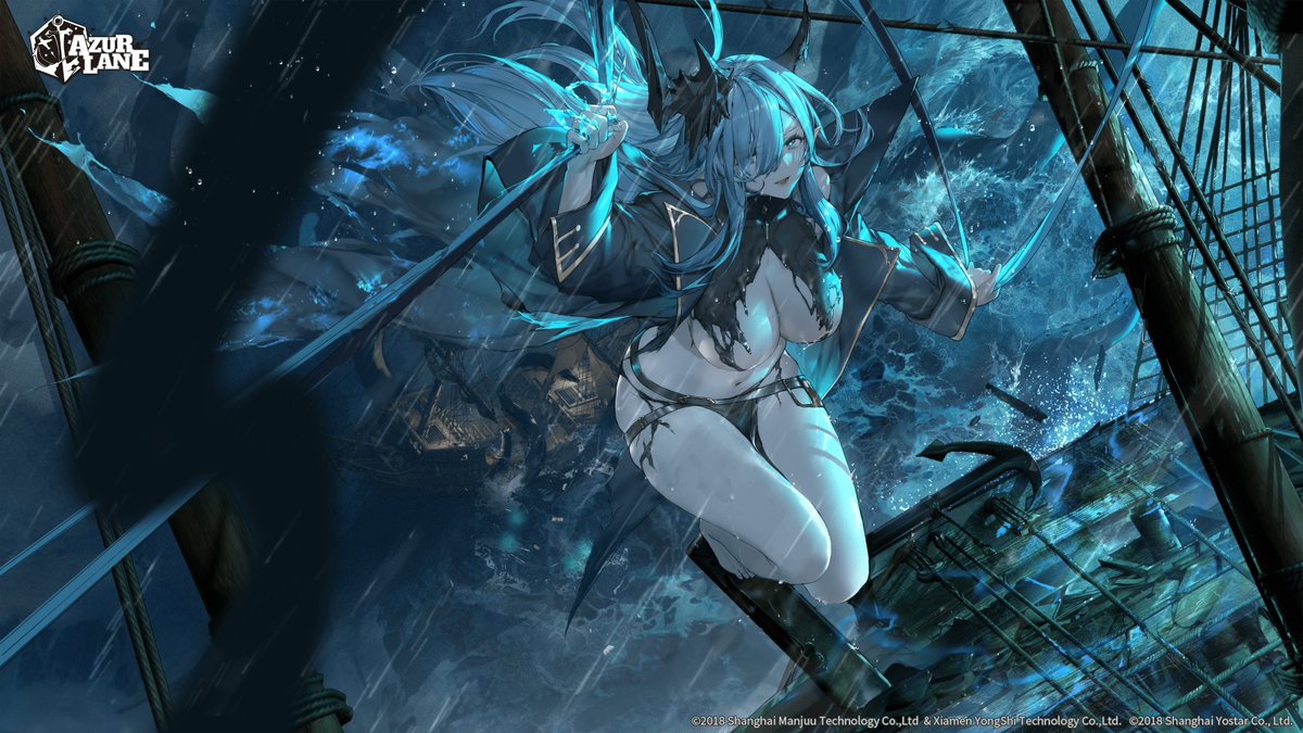 1girl anchor azur_lane belt black_belt black_coat black_shirt blue_eyes blue_hair blurry blurry_foreground breasts cleavage coat commentary english_commentary from_above full_body hair_between_eyes hair_over_one_eye horns large_breasts logo long_hair looking_at_viewer mary_celeste_(azur_lane) mast navel ocean official_art open_clothes open_coat parted_lips pelvic_curtain pointy_ears rain second-party_source ship shirt skindentation solo squatting storm swd3e2 thigh_strap torn_clothes torn_shirt watercraft watermark waves