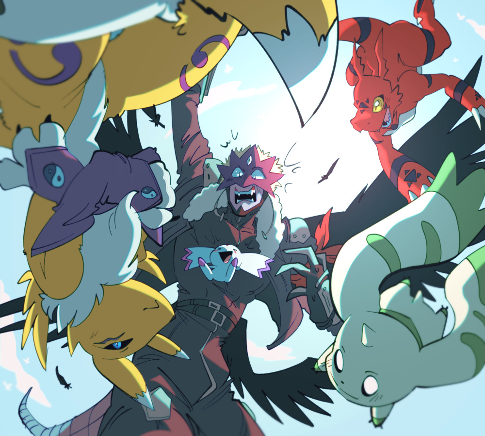 ambiguous_gender anthro bandai_namco beelzemon calumon clothed clothing digimon digimon_(species) drawfee fangs fully_clothed fur group guilmon horn humanoid karina_farek renamon scalie smile surprised_expression tail tailed_humanoid teeth terriermon winged_humanoid wings