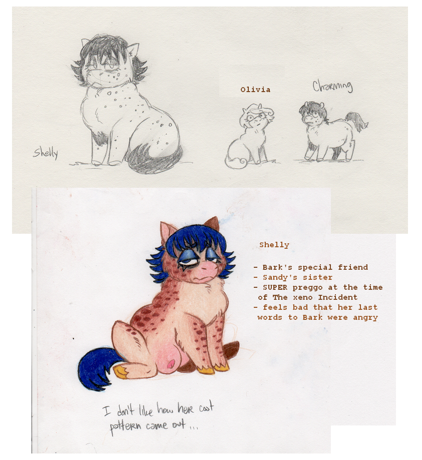2022 ambiguous_gender blue_mane blue_tail brown_body brown_fur brown_text character_name charming_(federalchemical1728) colored_pencil_(artwork) concept_art crotch_breasts english_text eyelashes federalchemical1728 female feral fluffy_pony fluffy_pony_(species) frown fur graphite_(artwork) group half-closed_eyes handwritten_text hooves looking_at_viewer mammal mane narrowed_eyes nipples olivia_(federalchemical1728) pencil_(artwork) pink_nipples sad shelly_(federalchemical1728) simple_background sitting sketch sketch_page standing tail tan_body tan_fur text traditional_media_(artwork) trio unguligrade white_background yellow_hooves