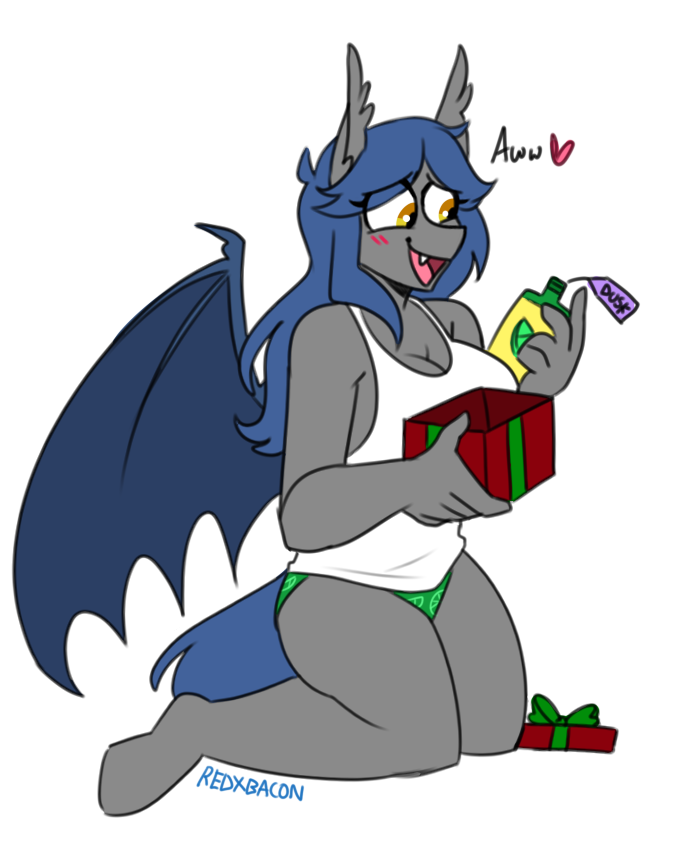 anthro bat_pony big_breasts blush breasts cleavage clothed clothing equid fan_character female gift hair hasbro kneeling mammal my_little_pony panties purple_hair racket_rhine redxbacon simple_background smile solo underwear white_background wings yellow_eyes