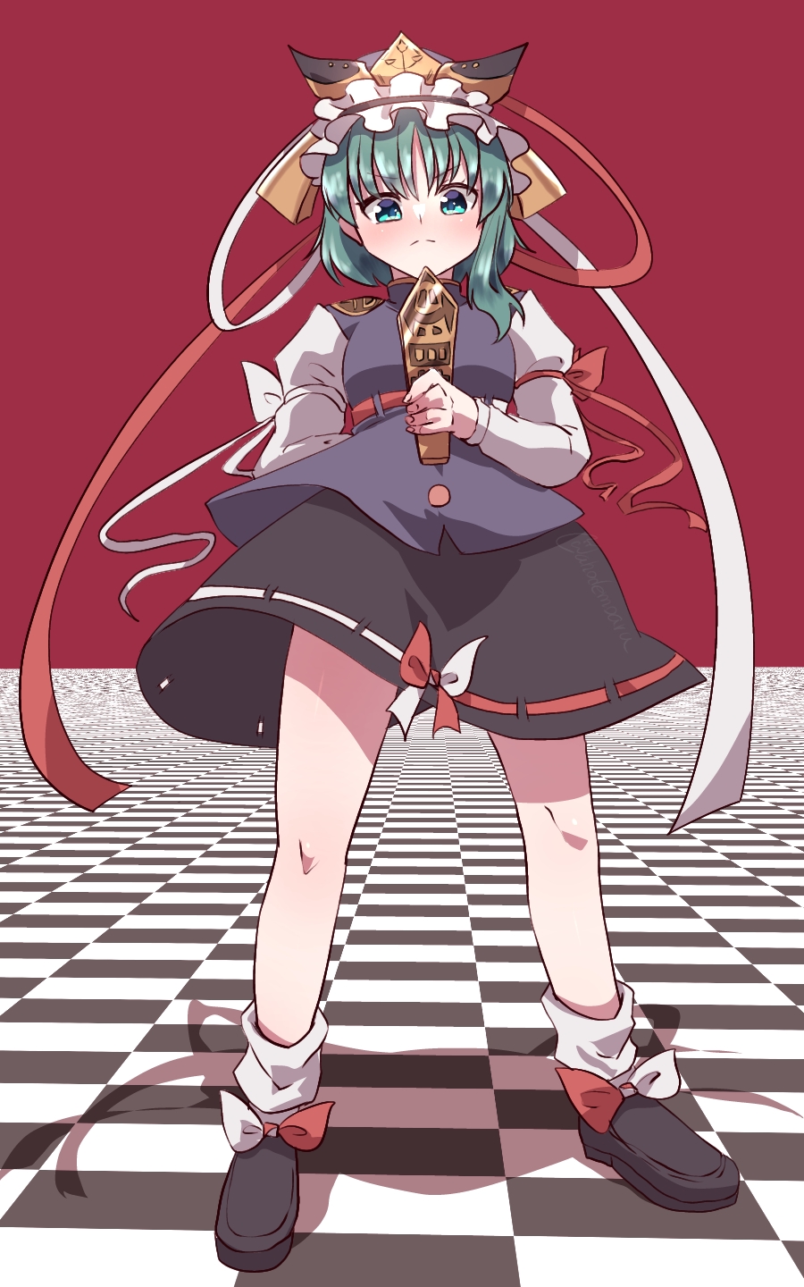 1girl ahodemoaru black_headwear black_skirt blue_vest checkered_floor closed_mouth commentary_request frilled_hat frills full_body green_eyes hat highres holding juliet_sleeves long_sleeves one-hour_drawing_challenge puffy_sleeves red_background ribbon-trimmed_skirt ribbon_trim rod_of_remorse shiki_eiki shirt simple_background skirt smile solo standing touhou vest white_shirt