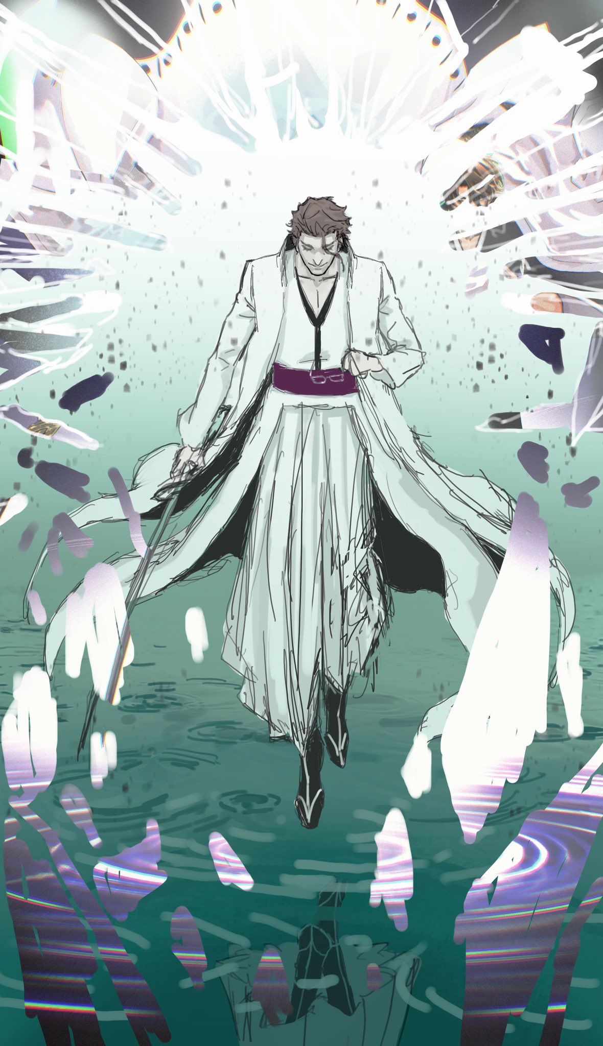 aizen_sousuke be023 black_socks bleach broken_glass brown_hair closed_eyes collarbone glass glasses highres holding holding_removed_eyewear holding_sword holding_weapon jacket katana long_sleeves male_focus obi pants reflection reflective_water sandals sash shirt sketch smile socks solo sword tabi unworn_eyewear water weapon white_jacket white_pants white_shirt