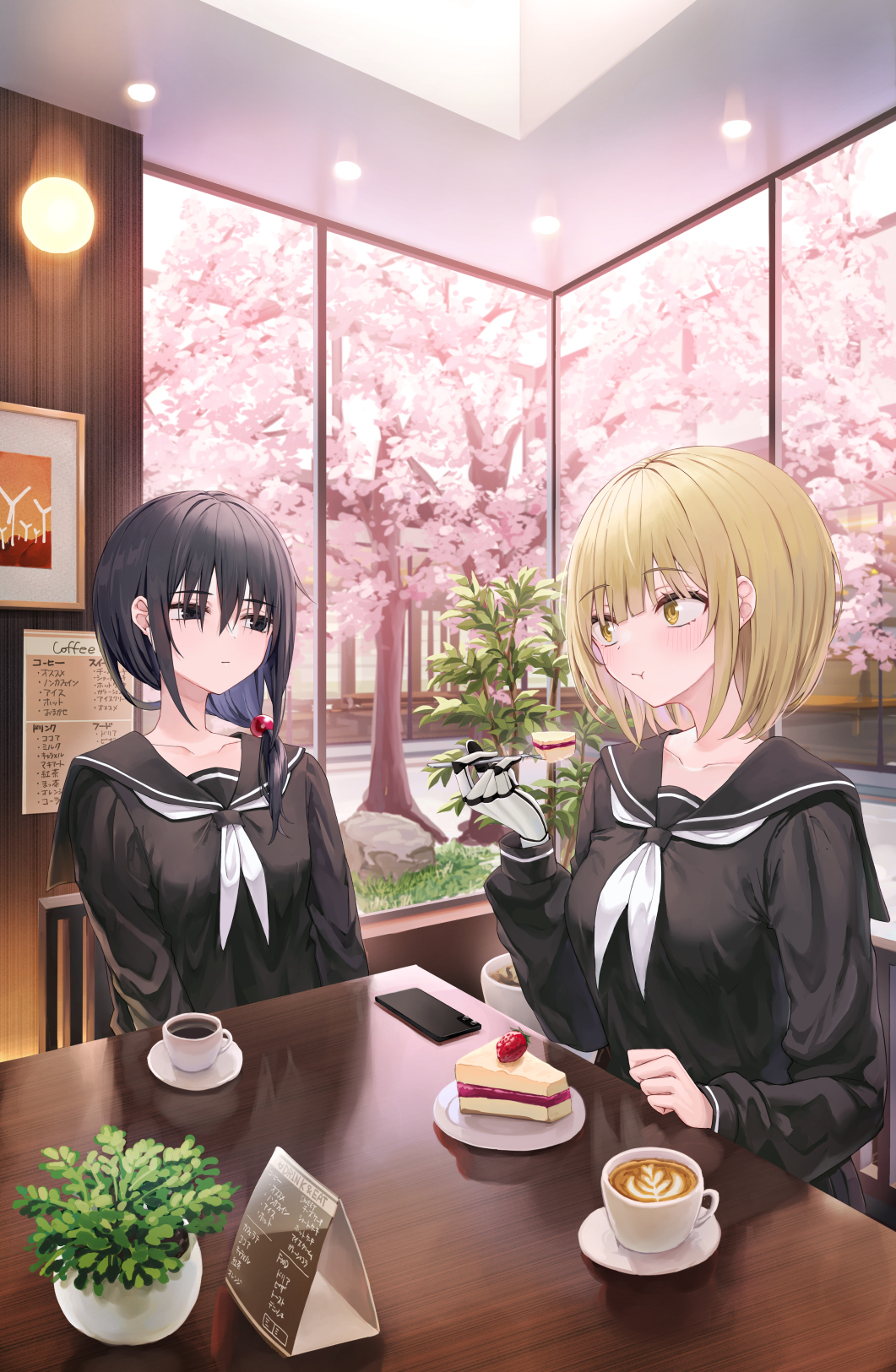 2girls :t amputee beads black_eyes black_hair black_sailor_collar black_serafuku blonde_hair blunt_bangs breasts cake cellphone chair cherry_blossoms closed_mouth coffee coffee_mug collarbone commentary_request cup dessert eating food fork hair_beads hair_ornament hair_over_eyes hair_over_shoulder highres holding holding_fork indoors looking_at_another mechanical_arms medium_breasts medium_hair menu mixed-language_text mug multiple_girls neckerchief original phone piripun plant plate potted_plant rock sailor_collar school_uniform serafuku short_hair single_mechanical_arm sitting small_breasts smartphone strawberry_shortcake sunlight table tree white_neckerchief yellow_eyes