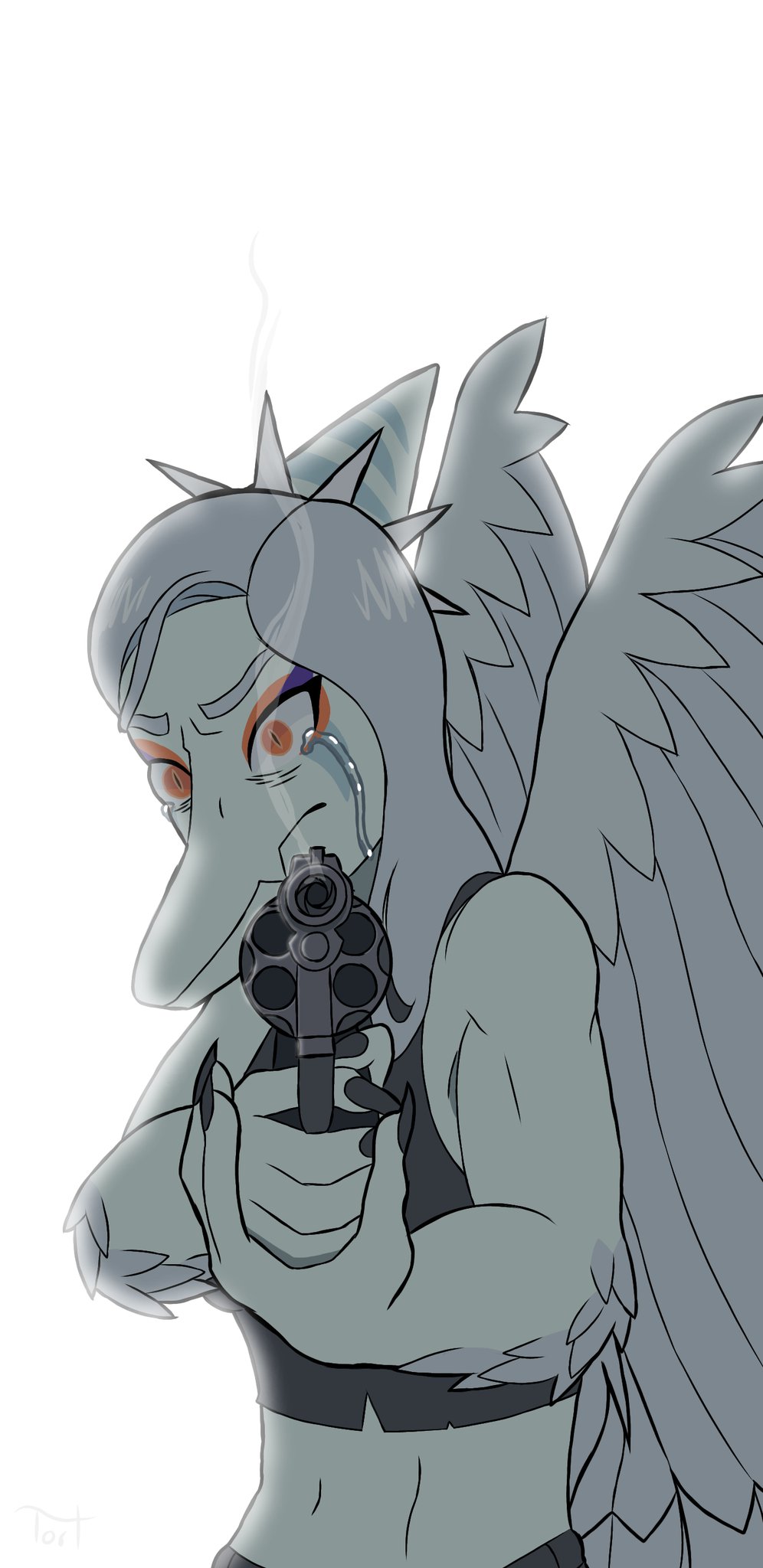 2023 amber_eyes anthro artist_name bodily_fluids claws clothing crop_top crying digital_drawing_(artwork) digital_media_(artwork) dinosaur elbow_feathers eyelashes eyeliner fang_(gvh) feathered_wings feathers female fingers goodbye_volcano_high grey_body grey_scales gun hair halter_top handgun hi_res long_hair looking_at_viewer makeup midriff pointing_gun pointing_gun_at_viewer pterodactylus pterosaur ranged_weapon reptile revolver scales scalie shirt silver_hair simple_background snoot_game_(fan_game) snout solo tears topwear tortpics watermark weapon white_background wings
