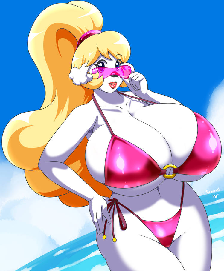 anthro beach big_breasts bikini blonde_hair blue_eyes breasts canid canine canis clothing collarbone domestic_dog eyewear female fur hair huge_breasts lipstick looking_at_viewer makeup mammal miss_pearl ponytail poodle seaside solo speeds sunglasses swimwear thick_thighs white_body white_fur