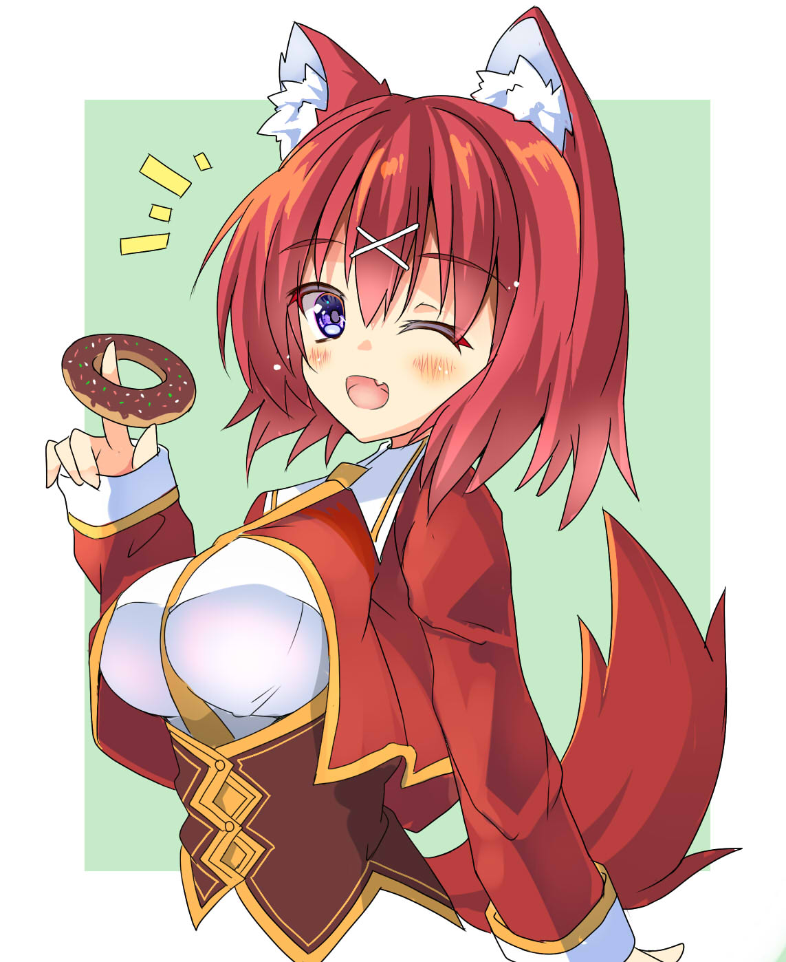 1girl ;d ahoge amairo_islenauts animal_ear_fluff animal_ears arm_at_side between_breasts blush border breasts chocolate_doughnut commentary cropped_jacket cropped_torso doughnut eyelashes fang food green_background hair_between_eyes hair_ornament happy highres holding holding_food index_finger_raised jacket large_breasts long_sleeves looking_at_viewer masaki_gaillard medium_hair necktie necktie_between_breasts notice_lines one_eye_closed open_mouth purple_eyes red_hair red_jacket school_uniform shirt simple_background smile solo upper_body white_border white_shirt wolf_ears wolf_girl x_hair_ornament yellow_necktie yukichi_(nyarome-busters)