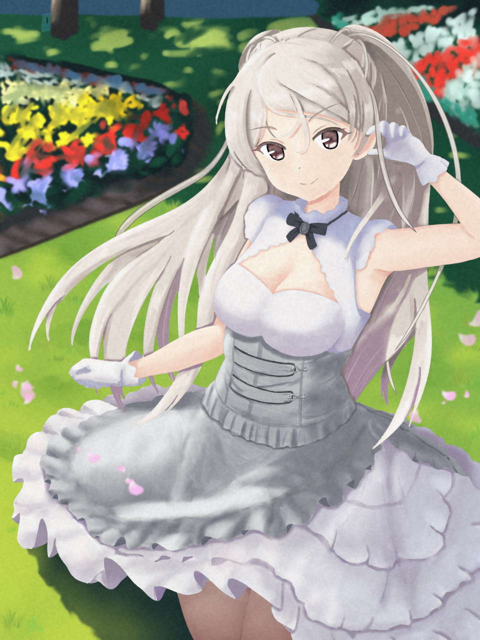 1girl breasts brown_eyes cleavage_cutout clothing_cutout conte_di_cavour_(kancolle) conte_di_cavour_nuovo_(kancolle) dress frilled_dress frills garden gloves grey_dress grey_hair highres kantai_collection kotou_yogen large_breasts layered_dress long_hair looking_at_viewer solo standing two-tone_dress two_side_up white_gloves