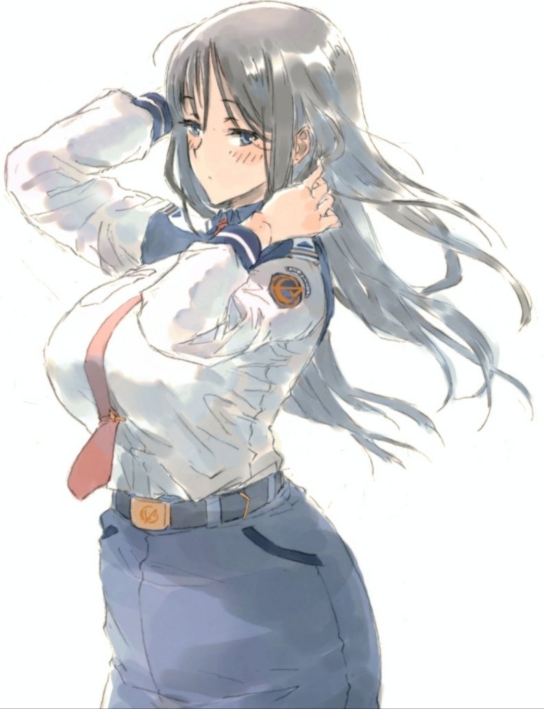 1girl alice_gear_aegis belt black_hair blue_eyes blue_skirt blush breast_pocket breasts closed_mouth hands_in_hair kagome_misaki large_breasts long_hair long_sleeves looking_at_viewer necktie pencil_skirt pocket red_necktie simple_background skirt solo suzumaru white_background