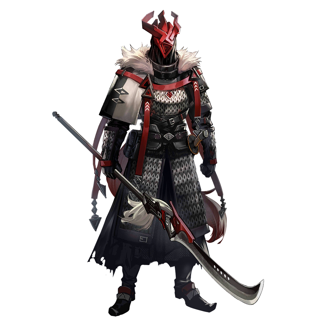 1boy arknights armor belt belt_buckle buckle full_armor full_body fur_trim gauntlets helmet holding holding_polearm holding_weapon official_art polearm solo tachi-e tail tola_(arknights) transparent_background weapon
