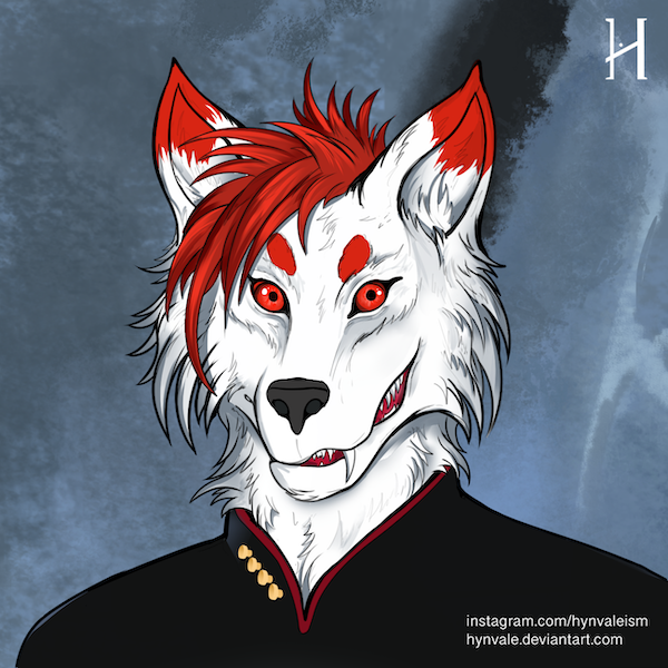 1:1 abstract_background anthro canid canine canis chivalrythewolf clothing costume fur hair headshot_portrait hynvale inner_ear_fluff looking_at_viewer male mammal portrait red_eyes red_hair smile smirk solo star_trek text tuft url white_body white_fur wolf
