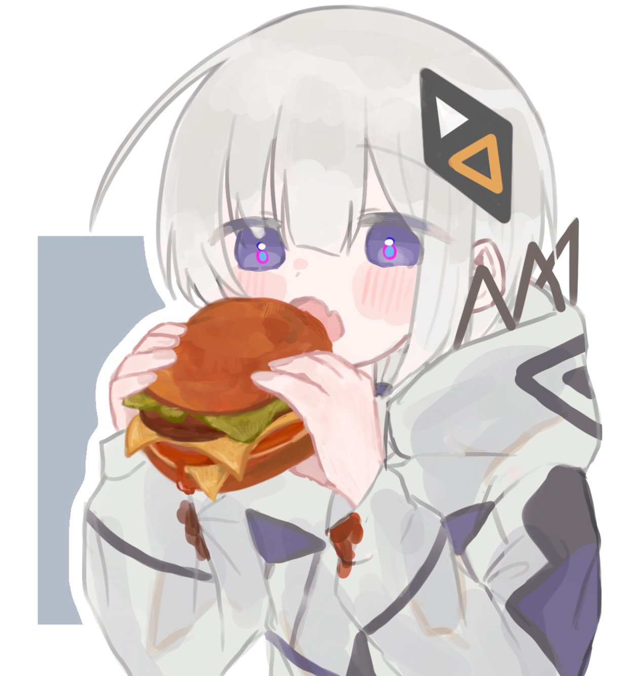 1girl blue_pupils blush burger cevio commentary diamond_hair_ornament eating fang faoru_ofuton food food_on_clothes grey_background hands_up highres holding holding_food hood hood_down hooded_jacket imminent_bite jacket kafu_(cevio) kamitsubaki_studio long_sleeves looking_at_food messy multicolored_clothes multicolored_eyes multicolored_jacket open_mouth pink_eyes purple_eyes skin_fang solo two-tone_background upper_body white_background white_jacket