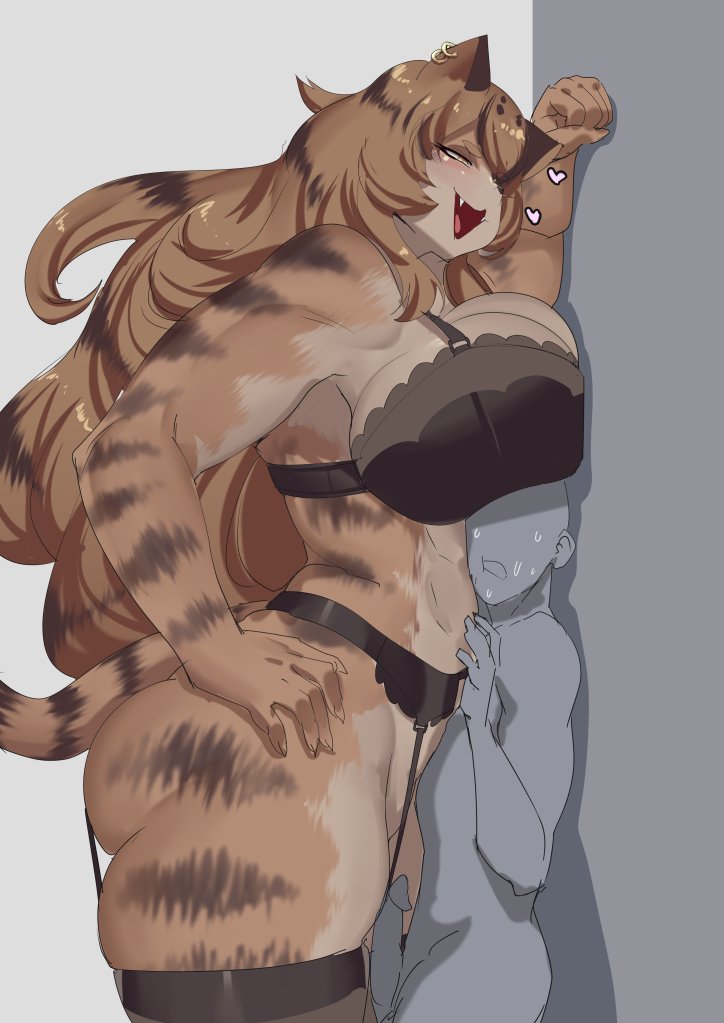 anthro big_breasts bodily_fluids breasts brown_body brown_fur clothing duo ear_piercing ear_ring felid feline female fur genitals humanoid lingerie male male/female mammal penis piercing pinned pinned_to_wall ring_piercing size_difference smaller_male stormcow sweat