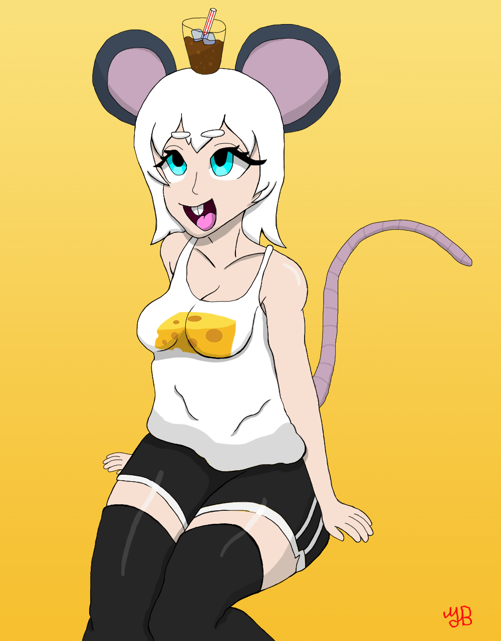 animal_humanoid black_bottomwear black_clothing black_pants blue_eyes bottomwear clothing female hair hi_res humanoid it's_on_the_mouse legwear mammal mammal_humanoid mouse_ears mouse_humanoid mouse_tail murid murid_humanoid murine murine_humanoid pants rodent rodent_humanoid shirt simple_background solo thigh_highs topwear white_clothing white_hair white_shirt white_topwear yeetboi420z yellow_background