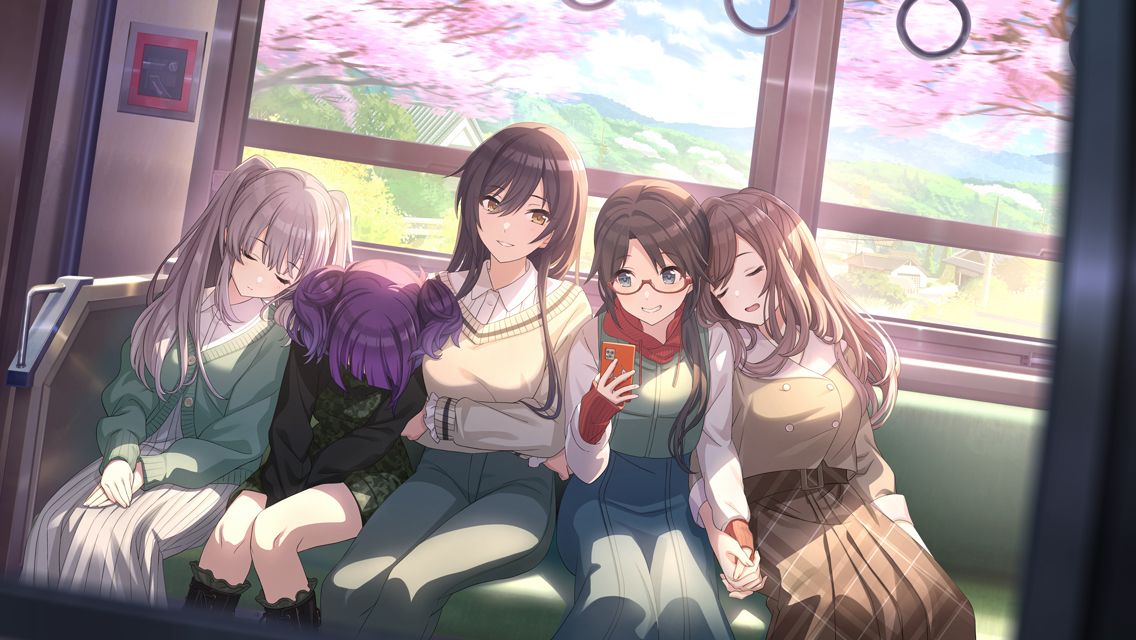 5girls between_legs black_shirt blue_eyes blue_pants blunt_bangs blurry blurry_foreground blush boots breasts brown_hair brown_skirt buttons camouflage cardigan cherry_blossoms closed_eyes cloud collared_shirt commentary day denim double-breasted dress feet_out_of_frame game_cg glasses green_cardigan green_dress grey_hair grey_skirt grin hair_between_eyes hand_between_legs hands_on_lap head_down holding_hands hood hoodie idolmaster idolmaster_shiny_colors jeans knees_together_feet_apart l'antica_(idolmaster) large_breasts long_hair long_skirt low_twintails mitsumine_yuika multiple_girls official_art pants plaid plaid_skirt purple_hair red-framed_eyewear semi-rimless_eyewear shirase_sakuya shirt shirt_tucked_in short_twintails sitting skirt sleeping sleeping_on_person small_breasts smile sweater tanaka_mamimi train_interior tsukioka_kogane twintails u_u under-rim_eyewear wavy_mouth white_shirt window yellow_eyes yellow_sweater yukoku_kiriko