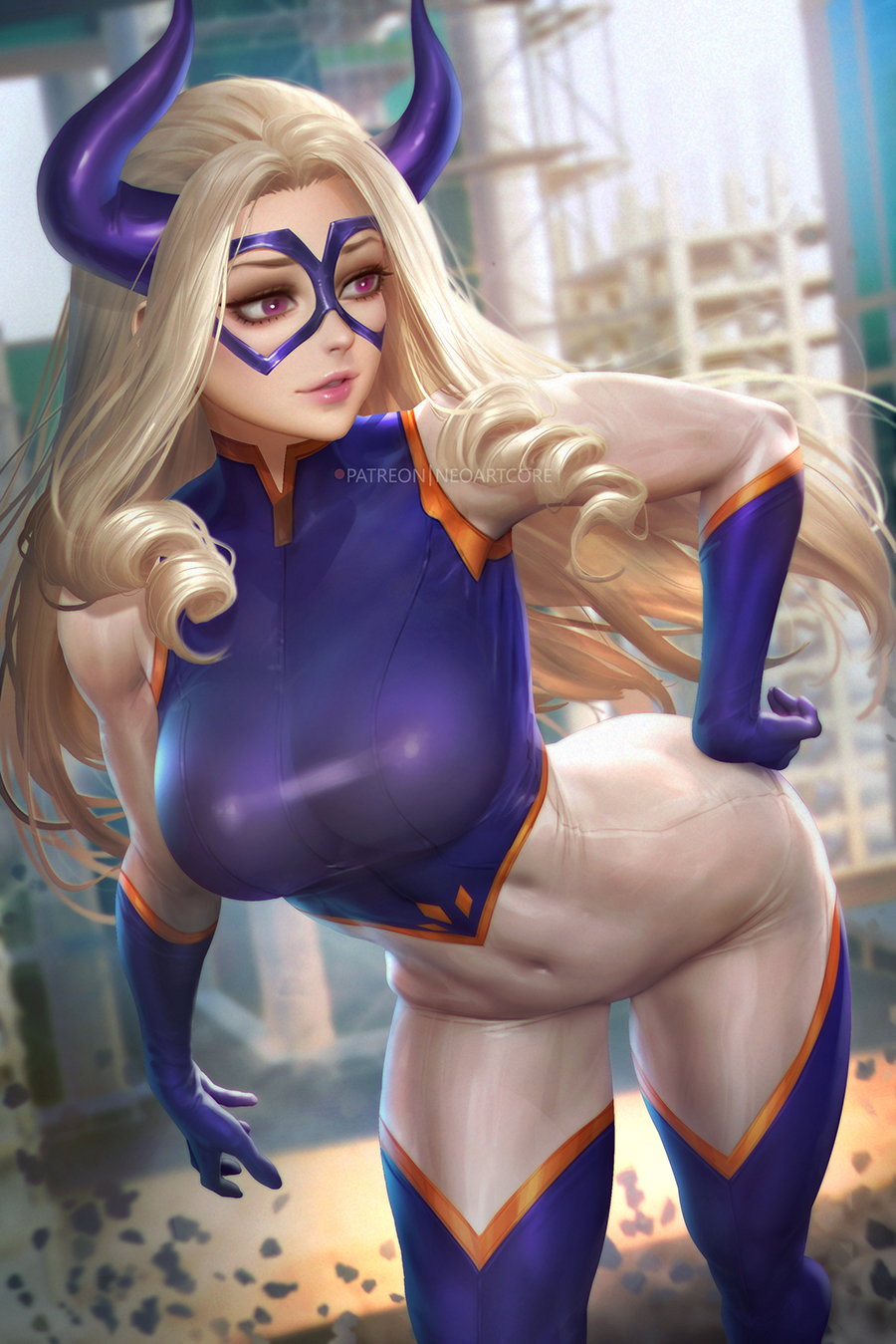 1girl blonde_hair blurry blurry_background bodysuit boku_no_hero_academia breasts construction_site covered_navel cowboy_shot domino_mask drill_hair gloves hand_on_own_hip highres horns large_breasts long_hair mask mount_lady multicolored_bodysuit multicolored_clothes neoartcore paid_reward_available patreon_username purple_gloves purple_horns purple_mask superhero