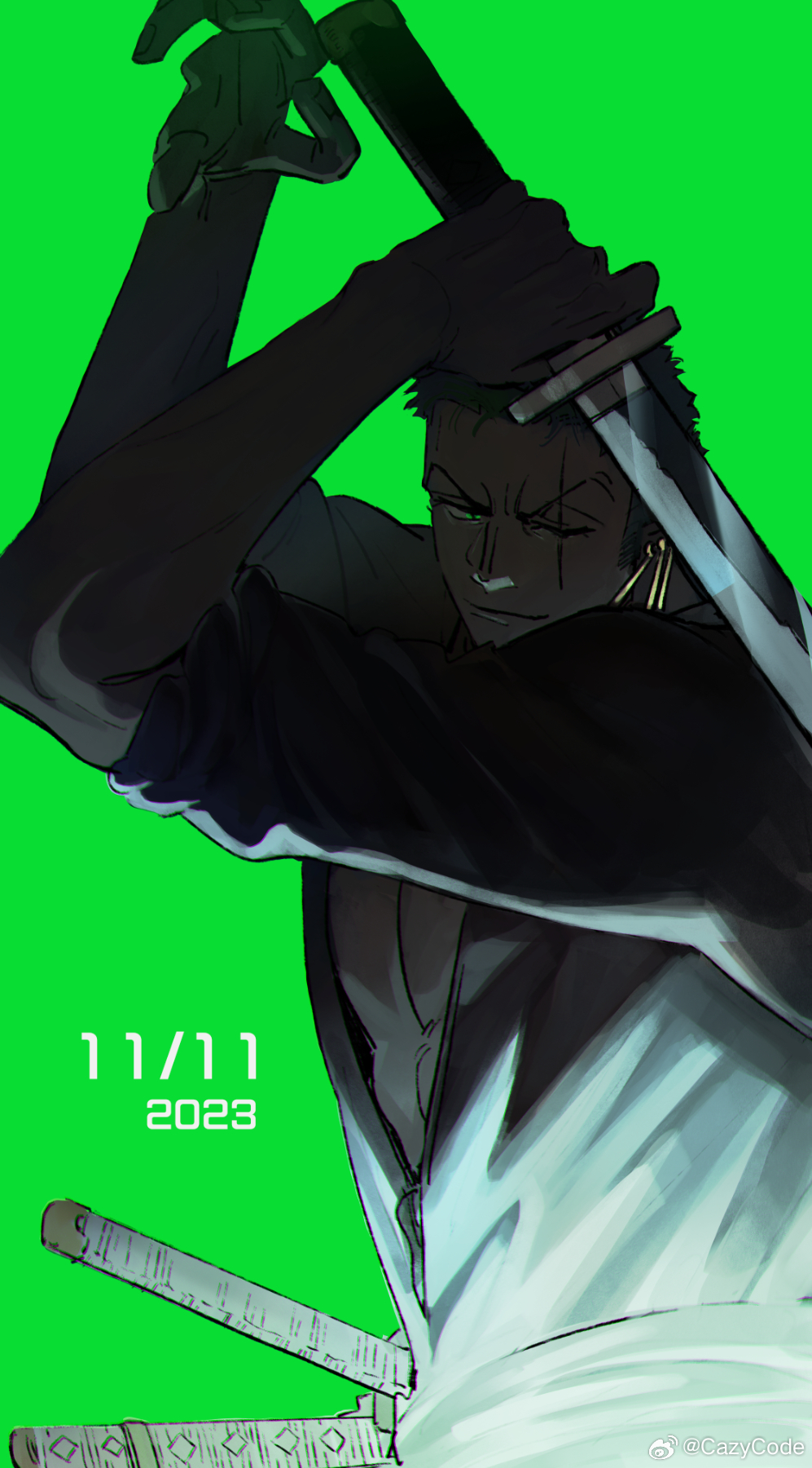 1boy birthday dated green_background green_hair green_theme highres holding holding_sword holding_weapon japanese_clothes kimono looking_at_viewer male_focus mcbuckwheat one_piece open_clothes open_kimono pectoral_cleavage pectorals roronoa_zoro scar scar_across_eye short_hair smirk solo sword sword_in_front_of_face upper_body weapon
