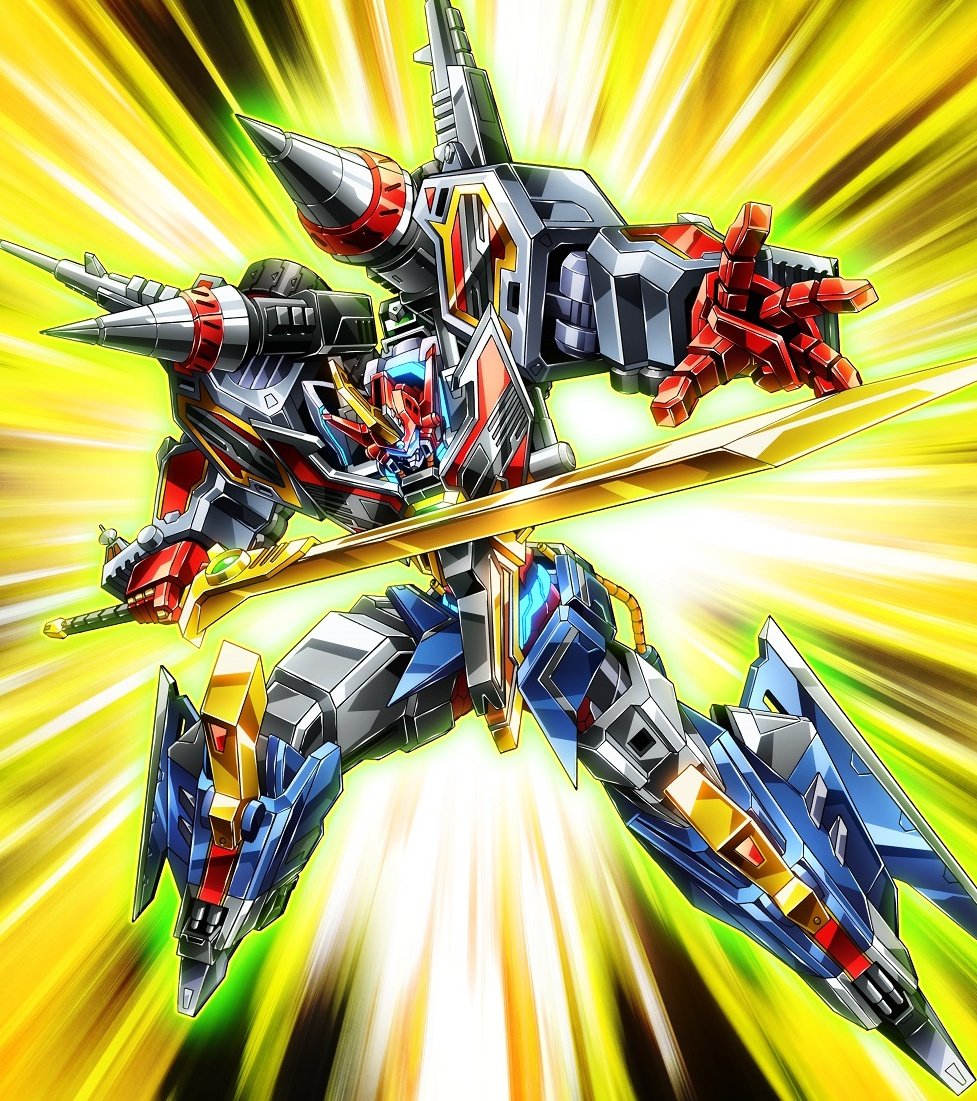 1boy armor assault_visor blue_eyes cannon drill drill_tank full_powered_gridman glowing glowing_eye gridknight_calibur gridman_(ssss) gridman_universe helmet holding holding_sword holding_weapon horns mecha mutaguchi_hiroki no_humans robot shoulder_cannon ssss.gridman standing super_robot sword tokusatsu weapon yellow_eyes