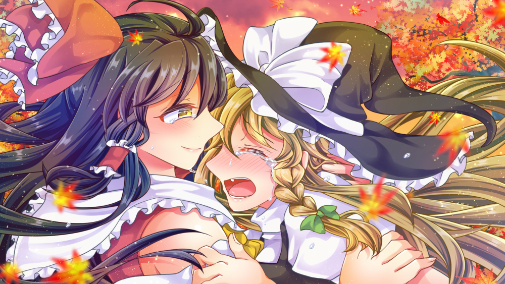 2girls aicaoomori autumn autumn_leaves bare_shoulders black_headwear black_vest blonde_hair blush bow brown_hair closed_mouth crying detached_sleeves facing_another frilled_bow frilled_hair_tubes frilled_headwear frills hair_tubes hakurei_reimu hand_on_another's_arm hat hat_bow hat_ribbon kirisame_marisa long_hair looking_at_another multiple_girls nose_blush open_mouth outdoors puffy_short_sleeves puffy_sleeves red_bow red_shirt ribbon shirt short_sleeves sleeveless sleeveless_shirt streaming_tears tears teeth touhou tree upper_body vest white_bow white_ribbon white_shirt witch_hat yellow_eyes