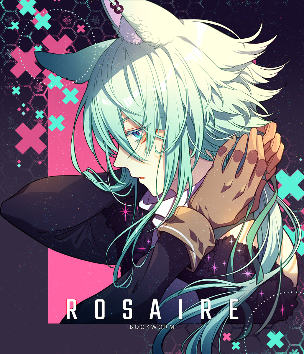 1boy adjusting_hair animal_ear_fluff animal_ear_piercing animal_ears arm_behind_head bare_shoulders bishounen black_background black_jacket blue_eyes brown_gloves character_name colored_eyelashes commentary english_commentary english_text from_side fur-trimmed_jacket fur_trim gloves green_hair hands_in_own_hair hen-tie highres hoop_piercing jacket light_frown long_sleeves male_focus open_mouth original rosaire_(hen-tie) shirt short_hair_with_long_locks sleeveless sleeveless_shirt solo square turtleneck upper_body white_shirt