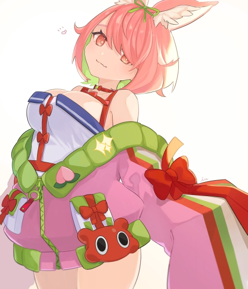 +_+ 1girl animal_ear_fluff animal_ears azuchi_momo bare_shoulders breasts chest_strap colored_inner_hair fang green_hair green_ribbon hair_ribbon heart iu_(iuiu1103) jacket large_breasts leaning_back looking_at_viewer multicolored_hair nijisanji off_shoulder pink_eyes pink_hair pink_jacket ribbon shirt short_hair simple_background sleeves_past_fingers sleeves_past_wrists smile solo swept_bangs virtual_youtuber white_background white_shirt zipper zipper_pull_tab