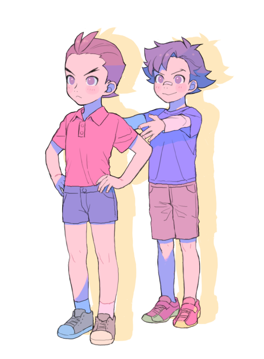 2boys :&gt; :&lt; ace_attorney aged_down ankle_socks antenna_hair apollo_justice asymmetrical_bangs bandaid bandaid_on_face bandaid_on_nose black_hair blue_shirt blue_shorts blush blush_stickers brown_eyes brown_footwear brown_hair brown_shorts buttons clay_terran closed_mouth collared_shirt fingernails full_body gesture_request hands_on_own_hips layered_sleeves legs_apart long_sleeves male_child male_focus multiple_boys nostrils ouse_(otussger) pastel_colors pocket polo_shirt reaching red_footwear shirt shoes short_hair short_over_long_sleeves short_sleeves shorts simple_background smile sneakers socks spiked_hair standing t-shirt v-shaped_eyebrows velcro_footwear white_background