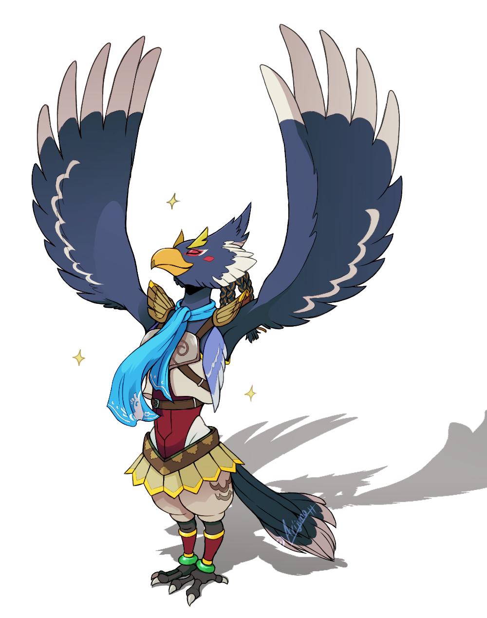 1boy animal_feet anklet arijuno armor arms_up artist_name beak bird_boy bird_legs bird_tail blue_fur blue_hair blue_scarf blue_wings blush_stickers body_fur braid breastplate claws closed_eyes closed_mouth commentary english_commentary full_body furry furry_male highres jewelry leg_warmers male_focus medium_hair outstretched_arms quad_tails revali rito scarf shadow shoulder_pads signature simple_background solo sparkle tail the_legend_of_zelda the_legend_of_zelda:_breath_of_the_wild twitter_username two-tone_fur u_u white_background white_fur winged_arms wings