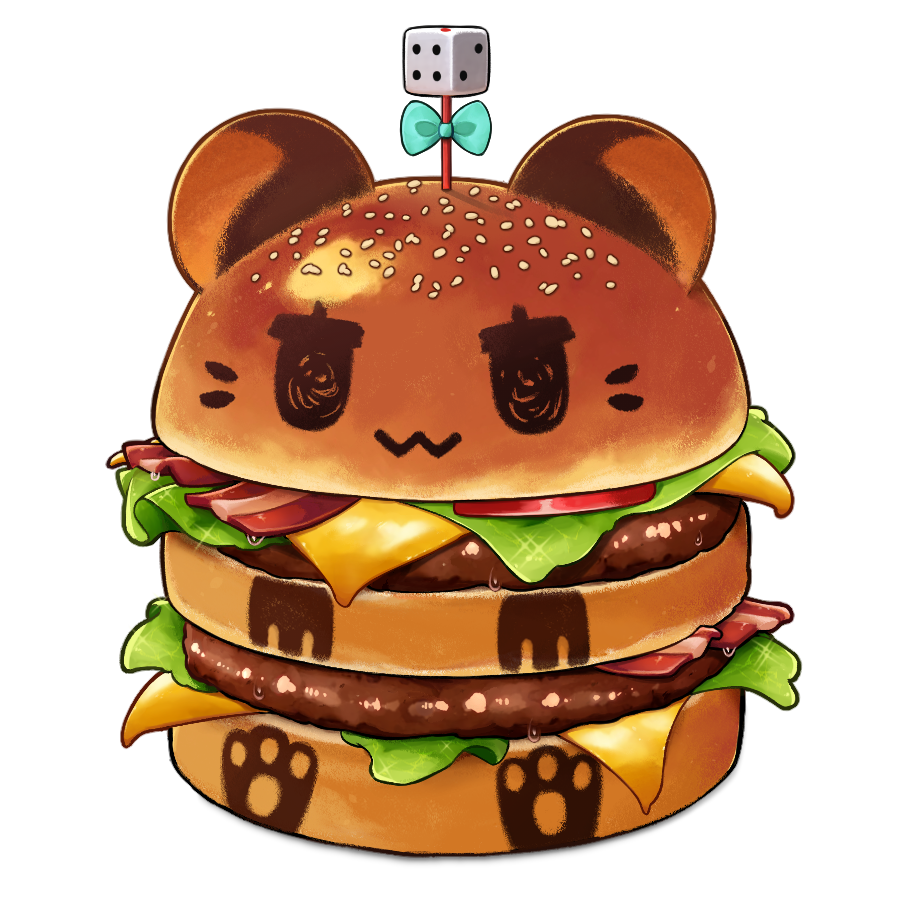 :3 alpha_transparency alzcats bacon big_mac burger cheese commentary dice english_commentary food foodification hakos_baelz hololive hololive_english jitome lettuce no_humans sesame_seeds still_life tomato transparent_background