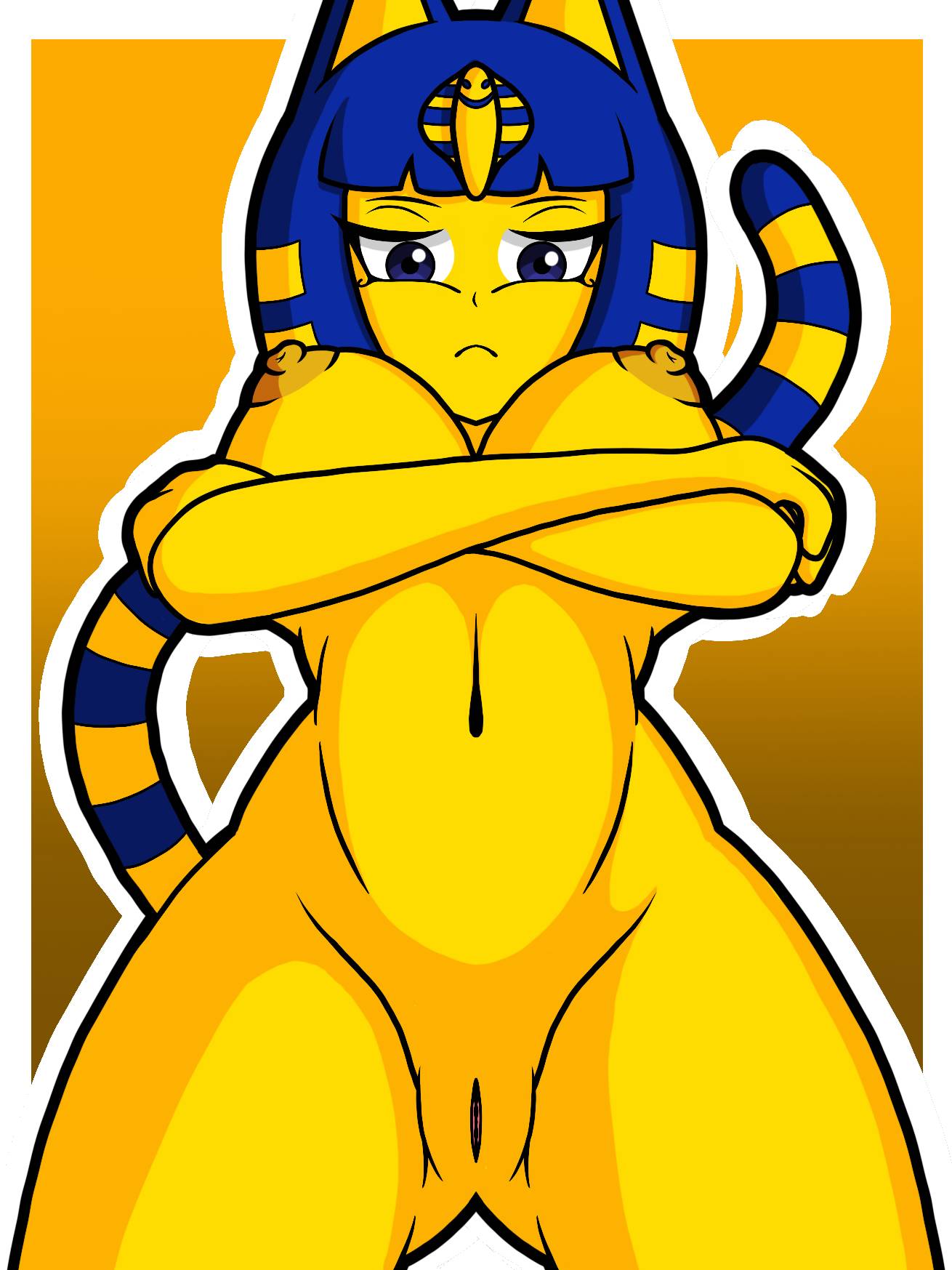 animal_crossing ankha_(animal_crossing) anthro areola arm_under_breasts big_breasts blue_eyes blue_hair breasts brown_areola brown_nipples crossed_arms domestic_cat felid feline felis female fur genitals hair hi_res huge_breasts kevthunder23 low-angle_view mammal navel nintendo nipples nude pussy solo uraeus yellow_body yellow_fur