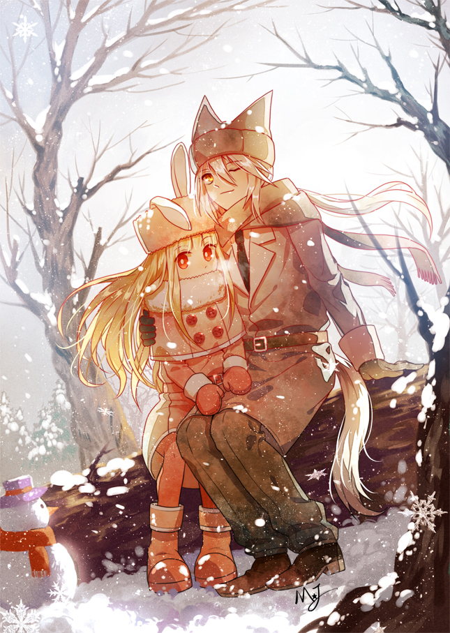 1boy 1girl animal_ears bare_tree belt black_necktie blonde_hair botan_(funamusea) brown_belt coat fox_boy fox_ears fox_tail funamusea grey_coat hetero jacket log low_ponytail majiang necktie one_eye_closed pink_jacket pink_mittens rabbit_ears rabbit_girl red_eyes shirt sitting snow snowf_(funamusea) snowing snowman tail tree white_hair white_shirt yellow_eyes