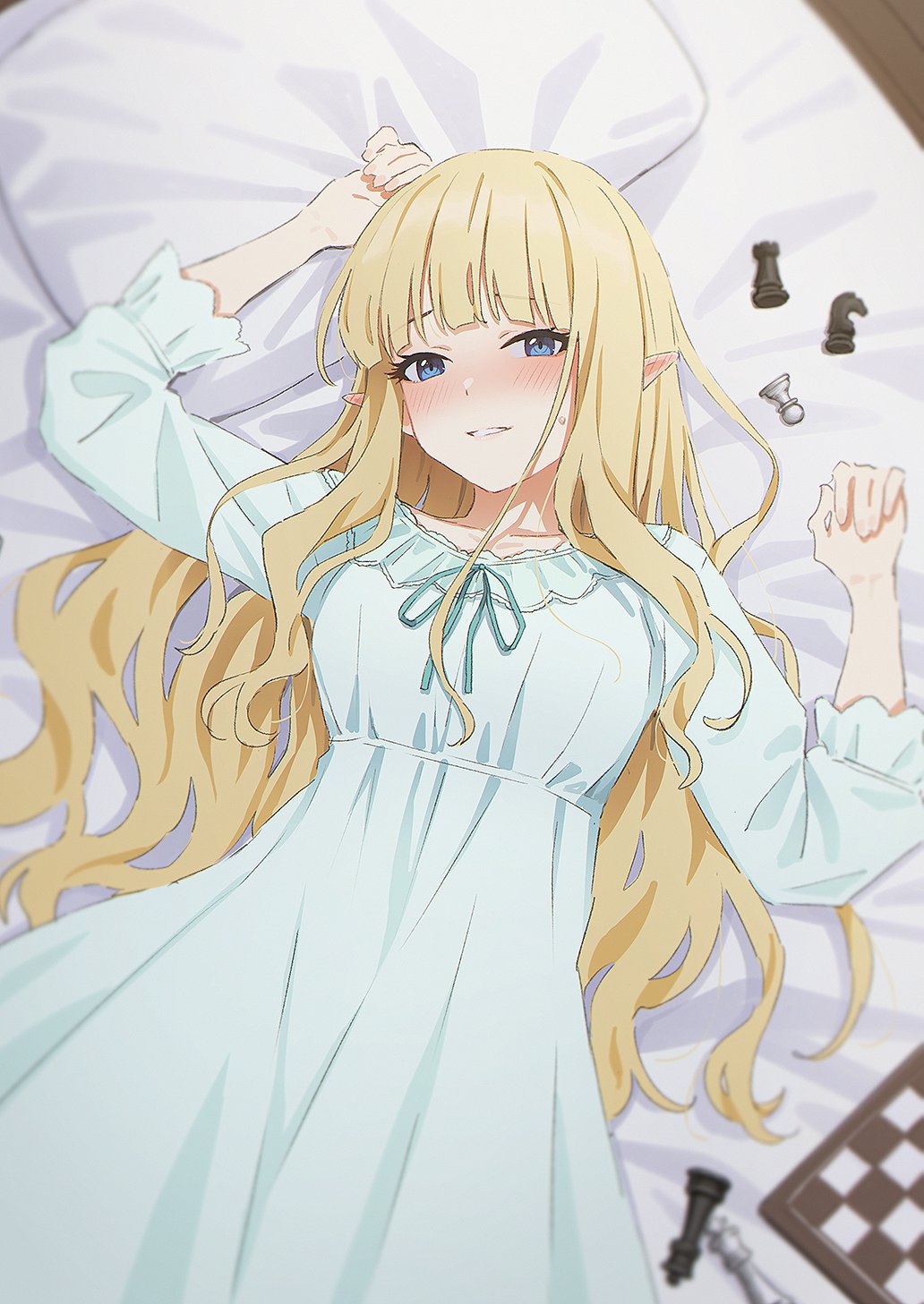 1girl bed bed_sheet bedroom blonde_hair blue_eyes blue_nightgown blunt_bangs blush board_game character_request chess chess_piece chessboard copyright_request elf from_above half-closed_eyes highres indoors long_hair long_pointy_ears looking_at_viewer lying mikazuchi_zeus nightgown on_back on_bed pillow pointy_ears smile solo wavy_hair