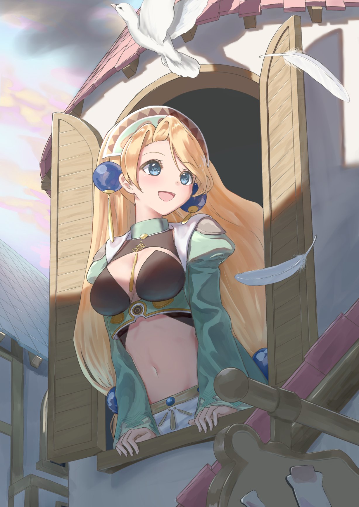 1girl :d arm_support asymmetrical_bangs atelier_(series) atelier_marie atyao-299 bird black_bra blonde_hair blue_eyes blue_sky bra breasts cleavage coat commentary_request crop_top day dove feathers from_outside green_coat highres large_breasts long_hair long_sleeves looking_outside looking_to_the_side marie_(atelier) medium_breasts midriff navel open_clothes open_coat open_mouth open_window outdoors sky smile solo tile_roof underwear very_long_hair window windowsill