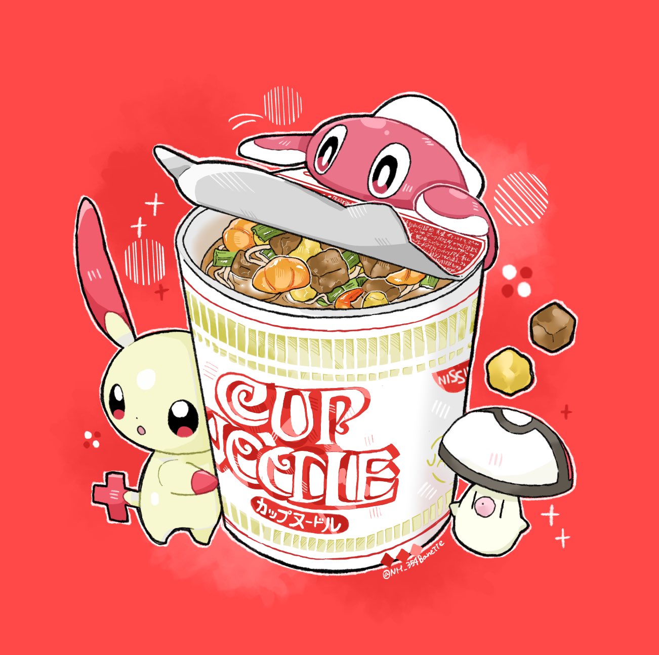 :o bright_pupils commentary_request cup_noodle cup_ramen fish food foongus highres nm_354banette no_humans noodles open_mouth outline plusle pokemon pokemon_(creature) red_background sparkle standing tatsugiri twitter_username watermark white_pupils