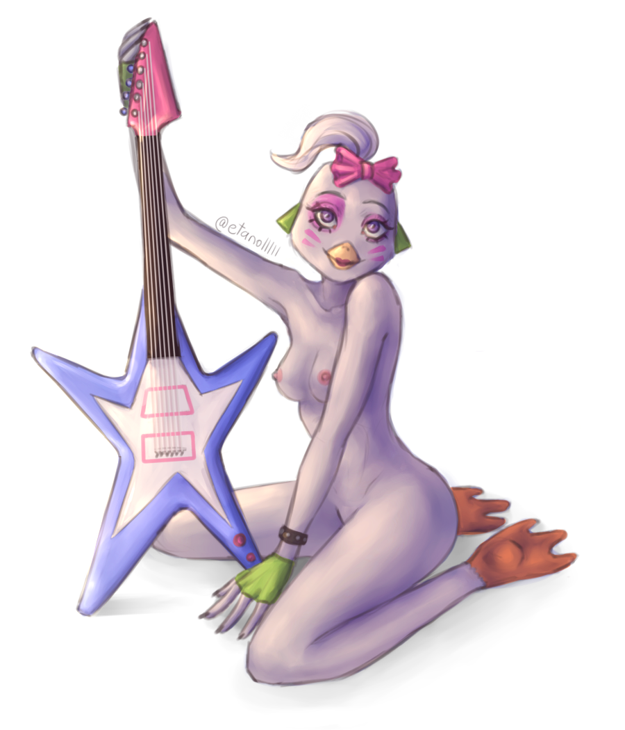 anthro avian bird bow_ribbon chica_(fnaf) chicken etanolllll female five_nights_at_freddy's five_nights_at_freddy's:_security_breach galliform gallus_(genus) guitar hair looking_at_viewer makeup musical_instrument nipples nude phasianid plucked_string_instrument scottgames simple_background sitting solo solo_focus steel_wool_studios string_instrument