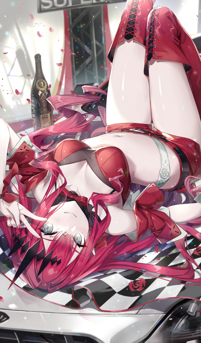 1girl baobhan_sith_(fate) bare_shoulders belt blush boots bottle bow bowtie bra breasts cleavage collarbone detached_collar fate/grand_order fate_(series) gabiran grey_eyes highres large_breasts long_hair looking_at_viewer lying navel on_back panties pink_hair pointy_ears red_bra red_footwear red_shorts short_shorts shorts sidelocks smile solo thigh_boots thighs tiara underwear v white_panties wine_bottle