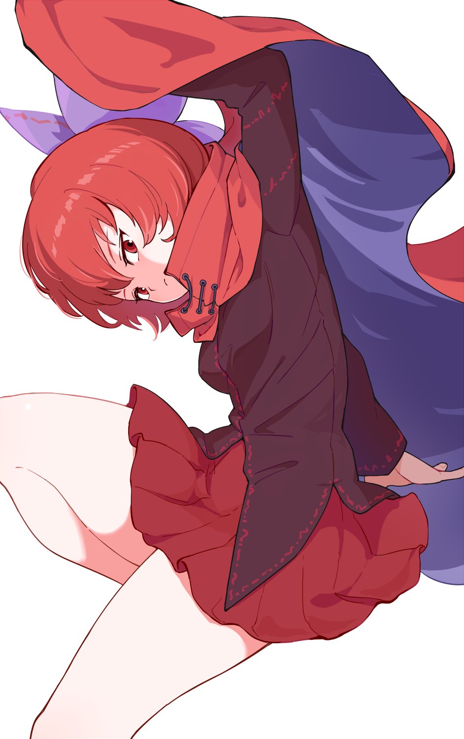 1girl black_shirt blue_bow blue_cape bow cape closed_mouth hair_bow highres long_sleeves maguro_(mawaru_sushi) pleated_skirt red_cape red_eyes red_hair red_skirt sekibanki shirt short_hair simple_background skirt solo touhou white_background