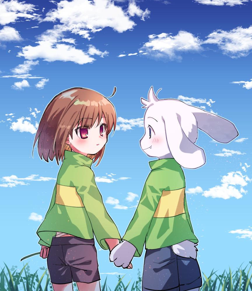 1boy 1other asriel_dreemurr bandages black_shorts blue_eyes blue_sky blush brown_hair chara_(undertale) cloud cloudy_sky fang from_behind goat_boy grass green_sweater holding holding_hands holding_stick long_sleeves looking_at_another medium_hair outdoors red_eyes short_tail shorts sky smile stick striped striped_sweater sweater undertale xox_xxxxxx yellow_sweater