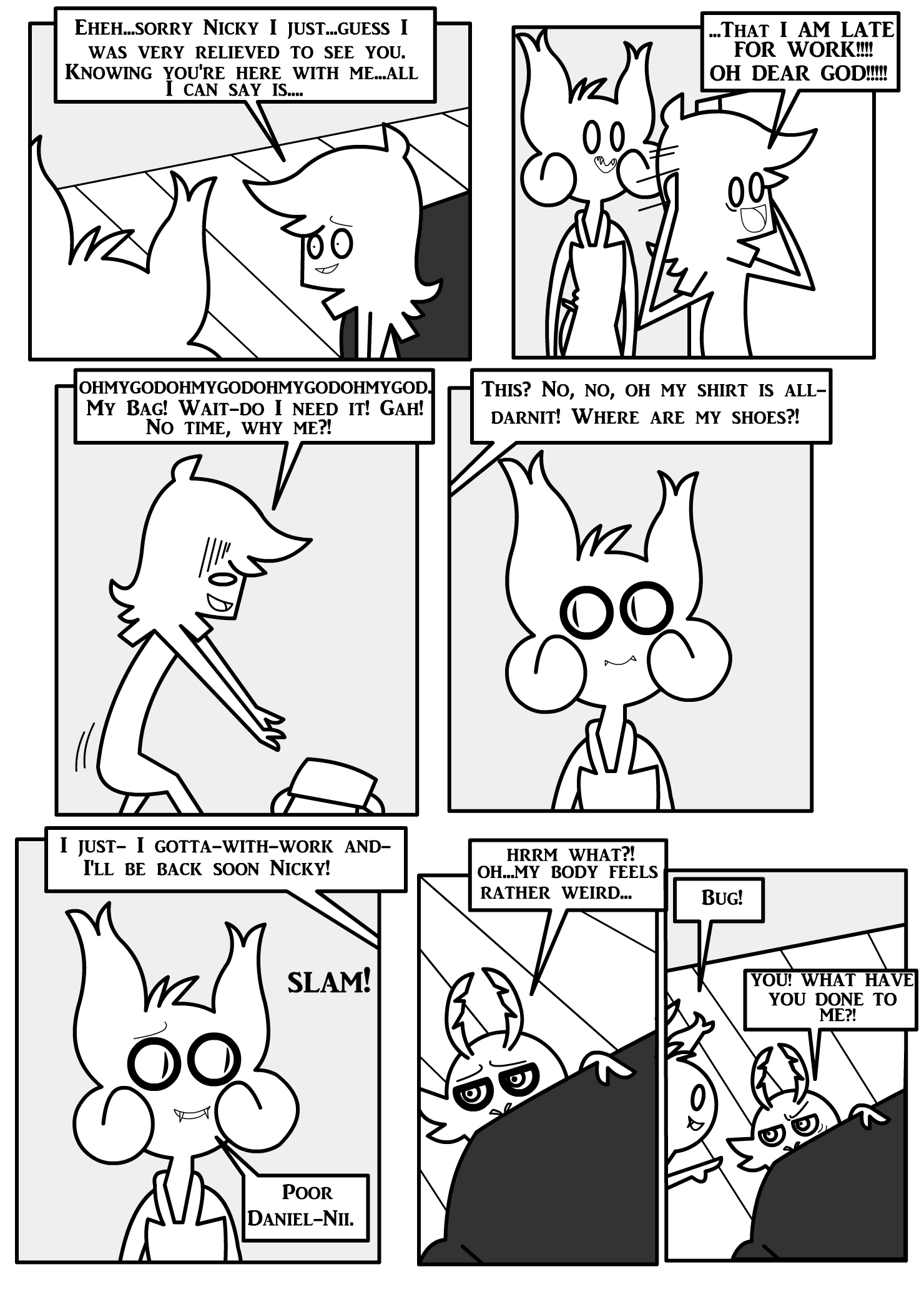 ambiguous_gender antennae_(anatomy) anthro apron apron_only arthropod bat border clothing comic daniel_toke dialogue english_text eye_contact fangs female_(lore) furniture greyscale group hi_res human insect inside lepidopteran looking_at_another male male/ambiguous mammal mivliano_10-c monochrome moth motion_lines nicky_(abfmh) onomatopoeia open_mouth overbite panicking pupils satchel shane_frost slit_pupils smile sofa sound_effects speech_bubble standing teeth text trio white_border