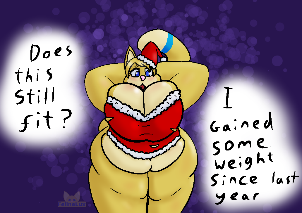 big_breasts blue_eyes breasts christmas clothing domestic_cat felid feline felinelux felis fur furryart holidays huge_belly huge_breasts huge_thighs hyper hyper_breasts lux_(felinelux) mammal nsfw overweight thick_thighs tight_clothing weight_gain yellow_body yellow_fur