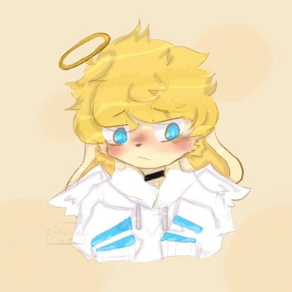 blonde_hair blue_eyes clothed clothing elliot fur hair halo male simple_background slight_blush small_wings unknown_artist wings yellow_body yellow_fur young