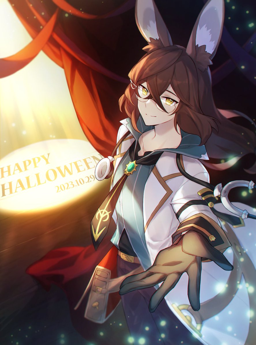 1boy animal_ears brown_gloves brown_hair coat crossed_bangs curtains dated dragalia_lost dragalinuka glasses gloves hair_between_eyes halloween_costume happy_halloween highres lab_coat long_hair long_sleeves looking_at_viewer male_focus necktie official_alternate_costume open_clothes open_coat outstretched_hand pants rabbit_ears smile solo spotlight stethoscope sylas_(dragalia_lost) white_coat yellow_eyes