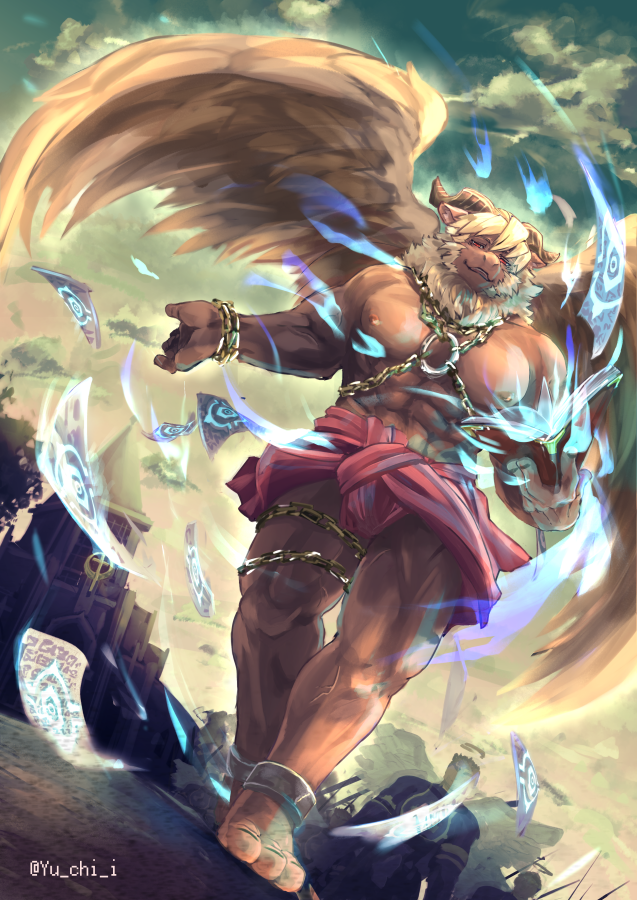 1boy ahamma animal_ears azazel_(housamo) bara blonde_hair blue_fire book card chain church commentary_request cuffs feathered_wings fire full_body furry furry_male goat_boy goat_ears goat_horns gold_chain holding holding_book horns loincloth looking_at_viewer male_focus muscular muscular_male neck_fur nipples open_book open_mouth partial_commentary people red_eyes shackles short_hair smile solo_focus tokyo_afterschool_summoners twitter_username walking wings