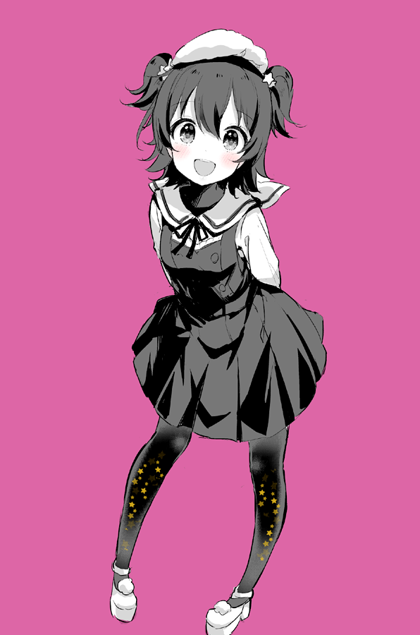 1girl :d akagi_miria arms_behind_back black_eyes black_hair black_pantyhose blush bow full_body greyscale_with_colored_background hair_bow hair_ornament hat high_heels idolmaster idolmaster_cinderella_girls idolmaster_cinderella_girls_starlight_stage idolmaster_cinderella_girls_u149 looking_at_viewer neck_ribbon open_mouth pantyhose pink_background ribbon sailor_collar shirt short_hair skirt smile solo spot_color standing star_(symbol) star_hair_ornament star_print suspender_skirt suspenders two_side_up white_shirt yazawa_oke