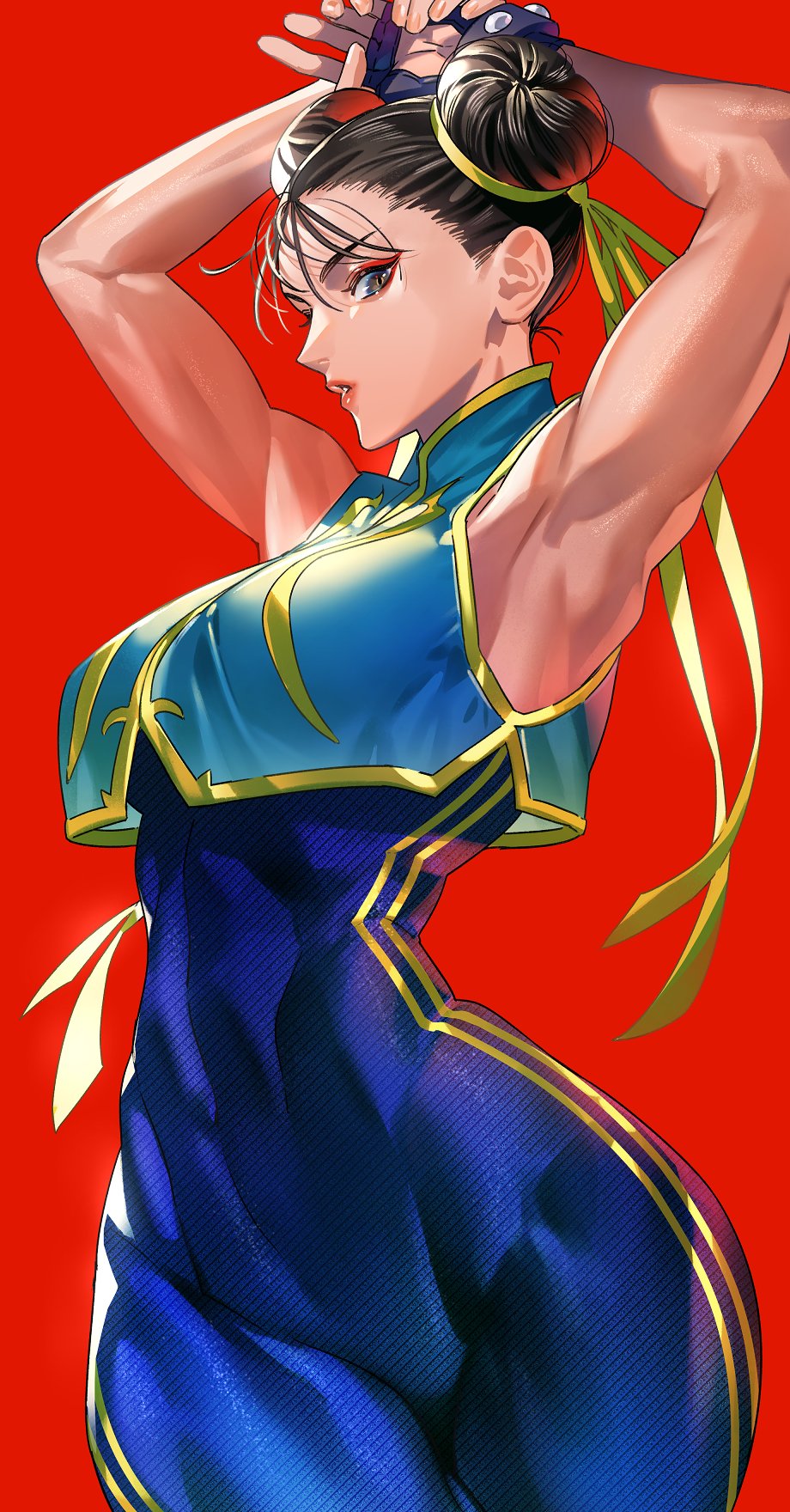 1girl abs armpits arms_up blue_bodysuit blue_vest bodysuit breasts brown_hair chun-li commentary covered_navel cowboy_shot cropped_vest double_bun dress eyeshadow fingerless_gloves from_side gloves hair_between_eyes hair_bun hair_pulled_back hair_ribbon highres lips lipstick looking_at_viewer makeup medium_breasts muscular muscular_female parted_lips profile red_background red_eyeshadow red_lips ribbon short_hair simple_background sleeveless sleeveless_dress solo standing street_fighter street_fighter_zero_(series) studded_bracelet tenobe thick_thighs thighs vest yellow_ribbon