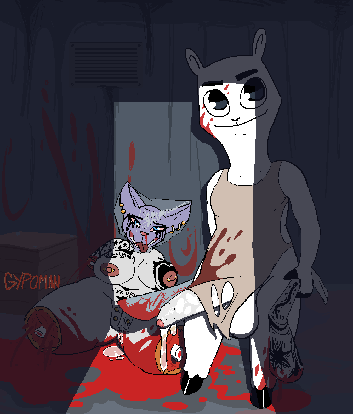 anthro blood bodily_fluids butcher camelid clothed clothing death detailed_background domestic_cat duo erection felid feline felis female foreskin genitals gore gypo_(gypoman) gypoman hi_res hooves humanoid_genitalia humanoid_penis llama long_penis looking_at_viewer male male/female mammal nipple_piercing nipples nude partially_clothed penis piercing snuff tattoo